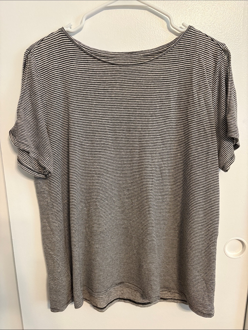 LOFT Black & White Thin-Stripe Short Sleeve Tee with Sleeve Detail